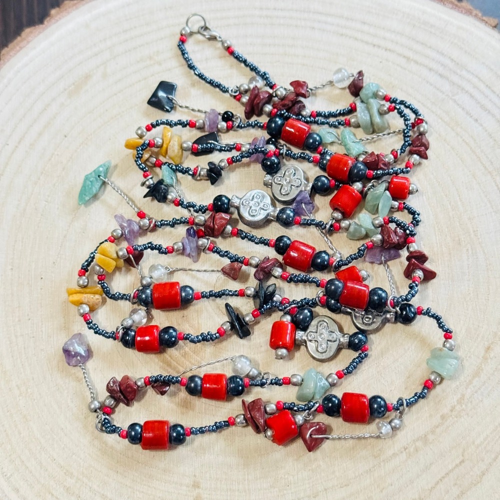 VTG BOHO stone Necklace aventurine citrine Glass beads Statement‎ extra long 58"